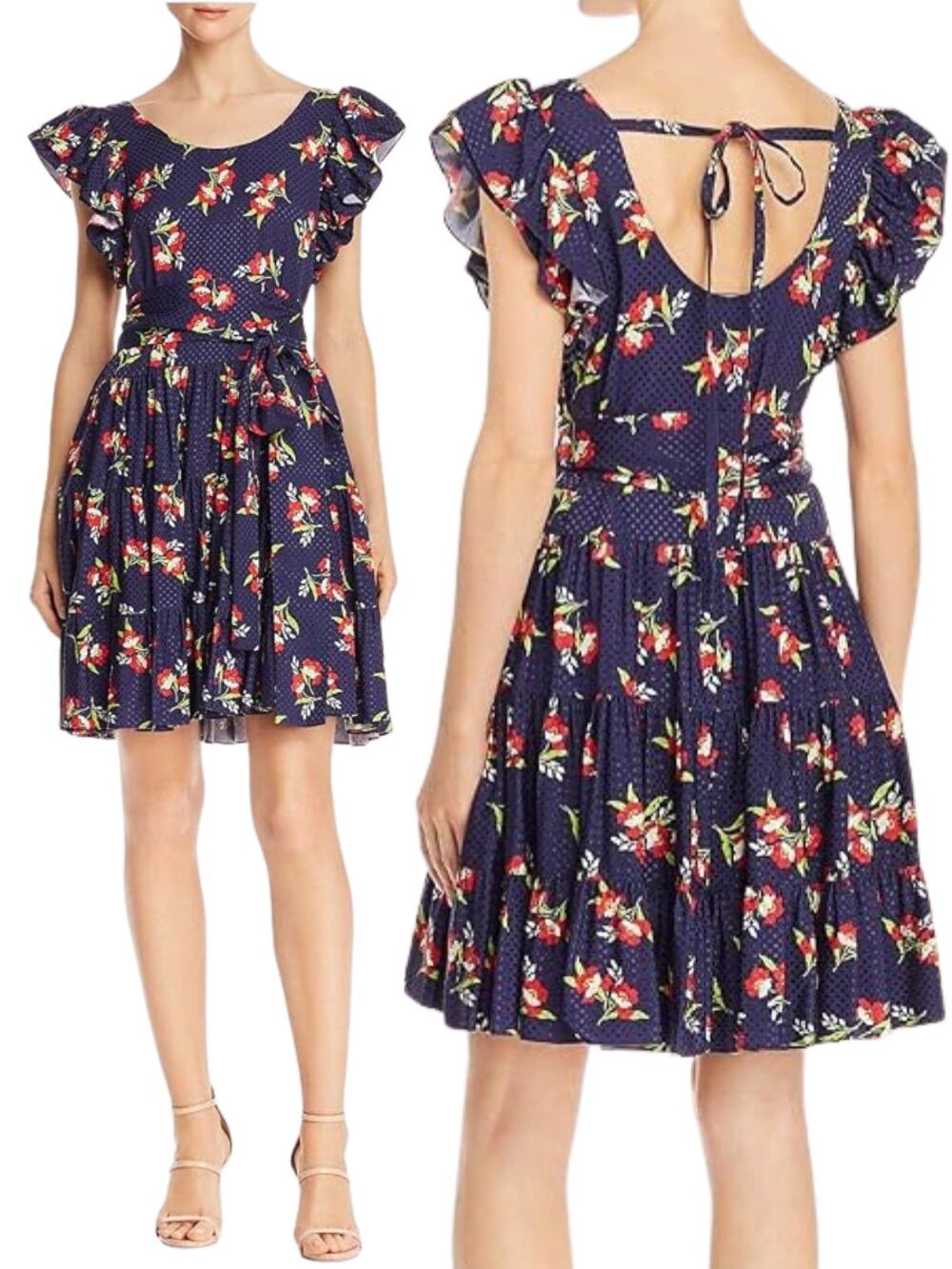JILL by JILL STUART  Floral Jacquard Flounce Dress Size Small Navy / Red